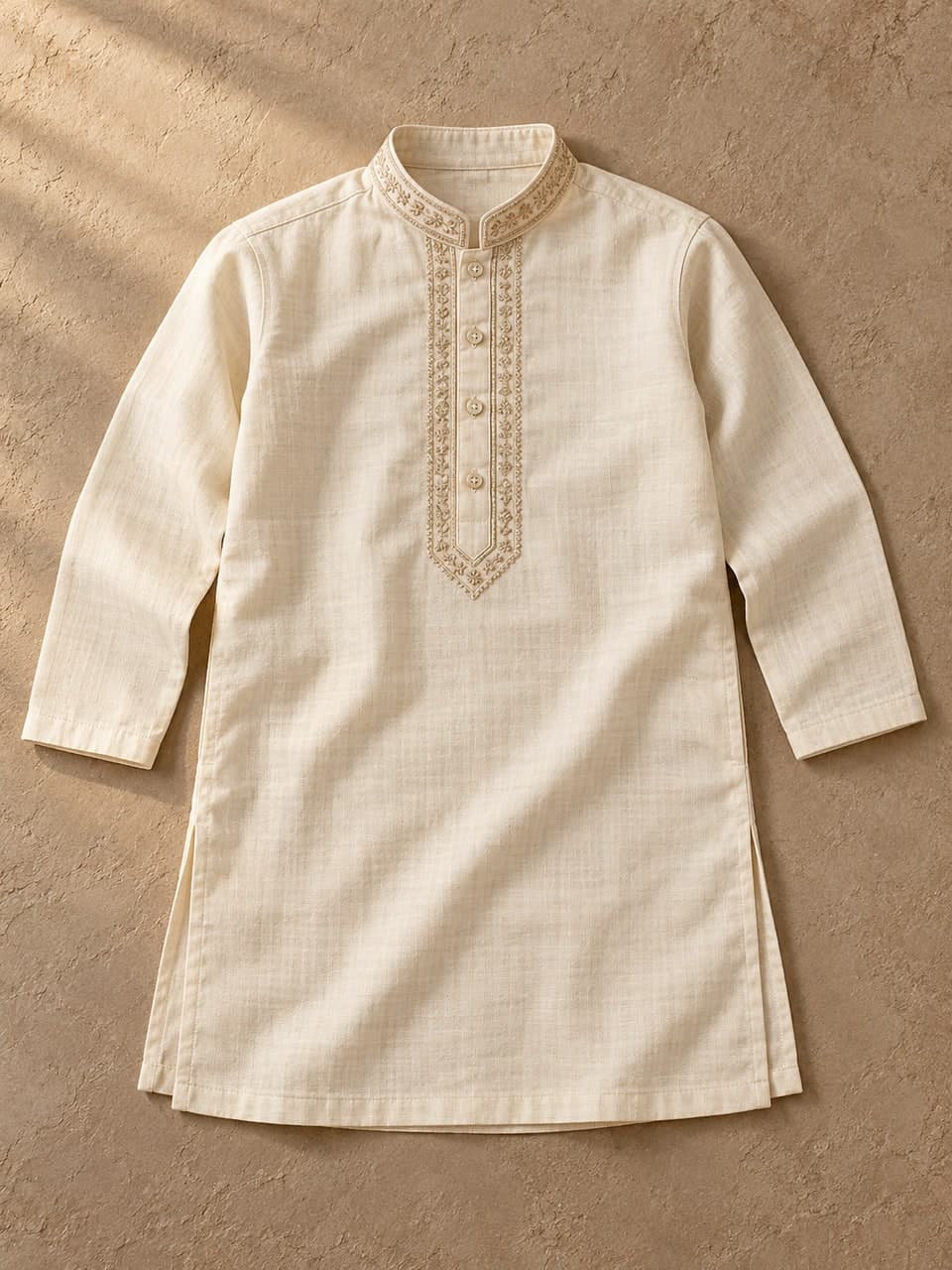 Boys Panjabi — Cream — fabric and stitching detail