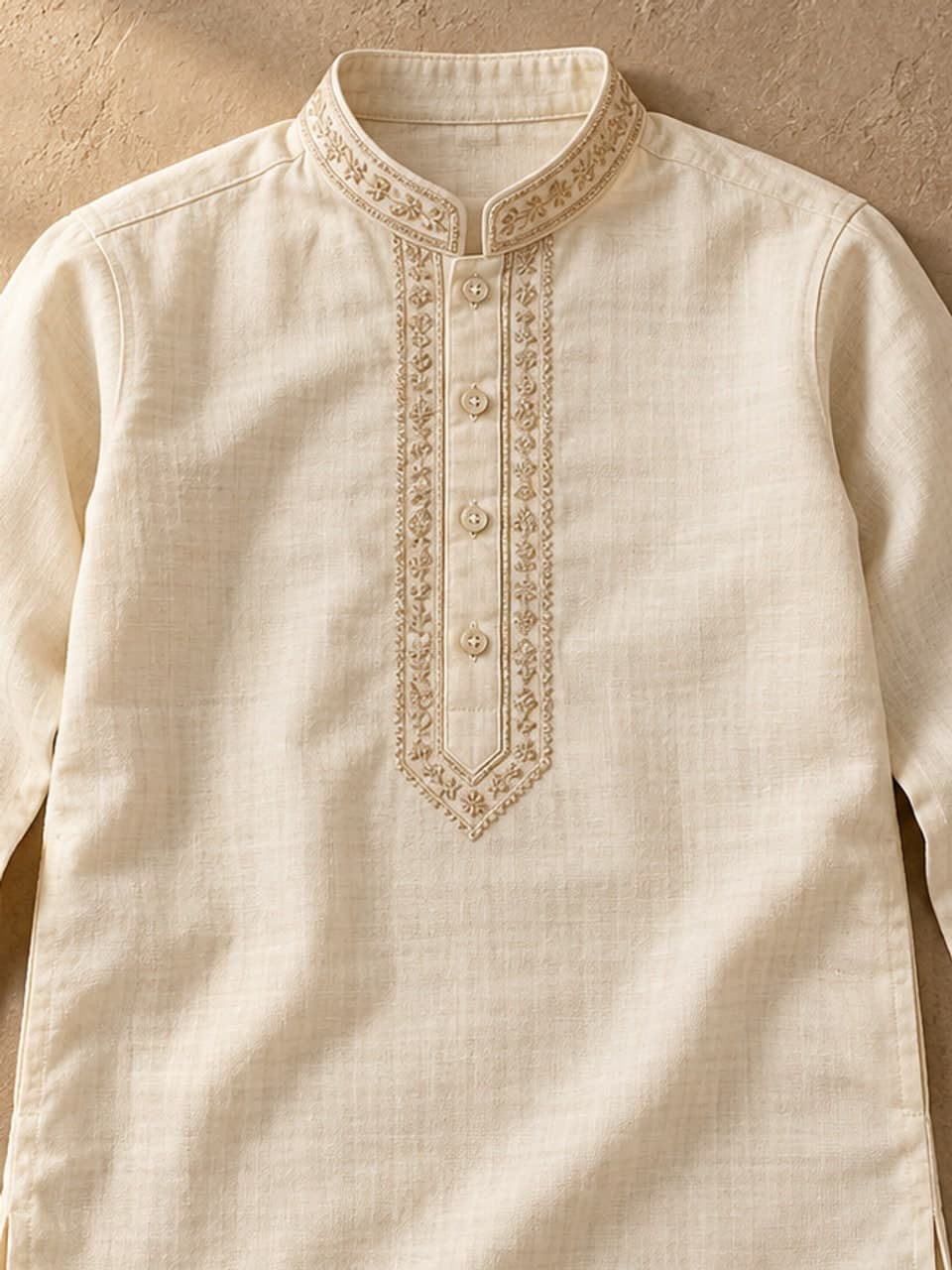 Boys Panjabi — Cream — fabric and stitching detail