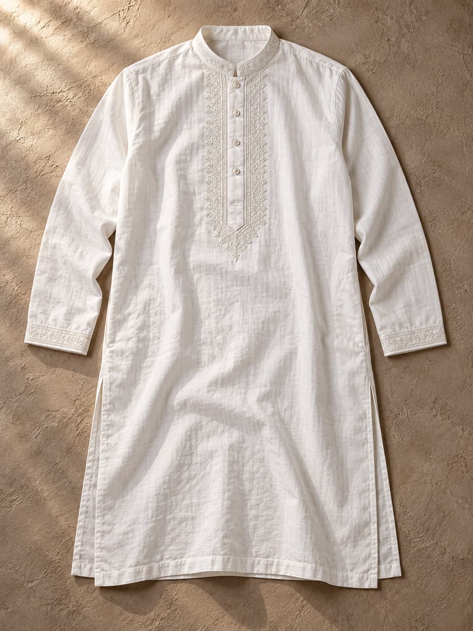 Classic Cotton Panjabi — White — fabric and stitching detail