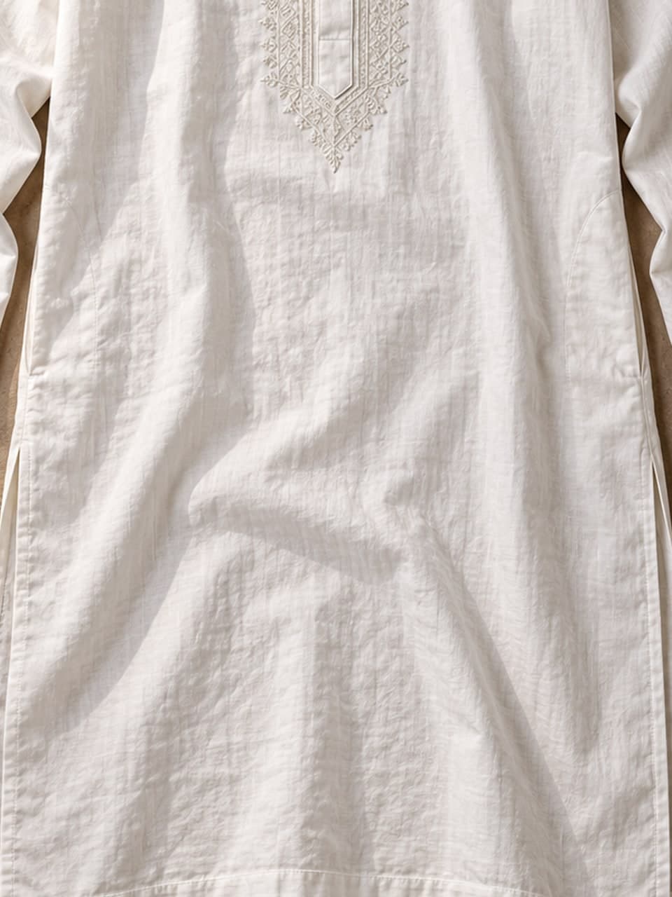 Classic Cotton Panjabi — White — fabric and stitching detail