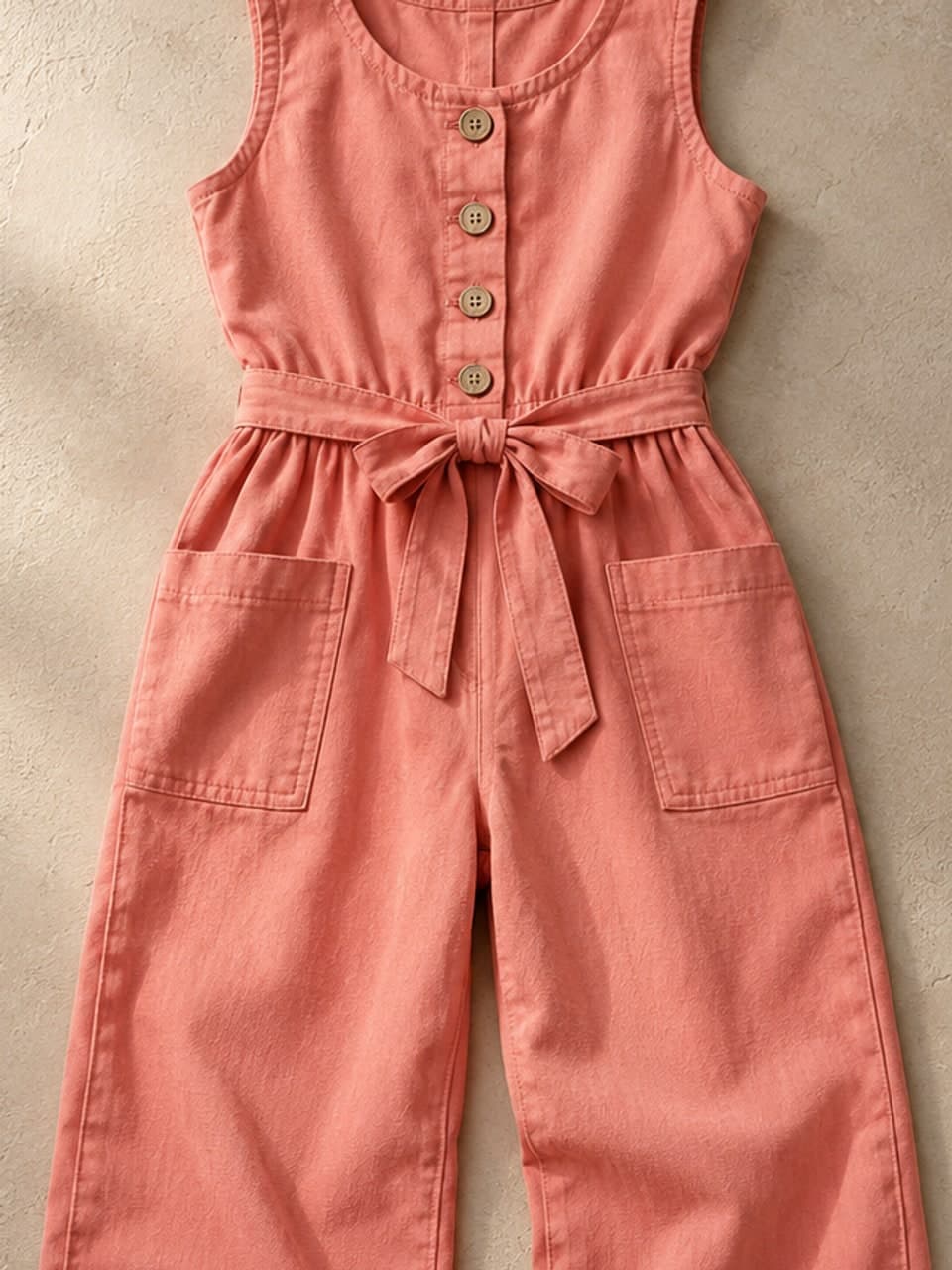 Girls Jumpsuit — Coral — fabric and stitching detail