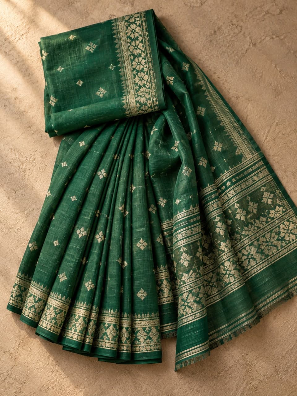 Jamdani Sharee — Emerald — fabric and stitching detail