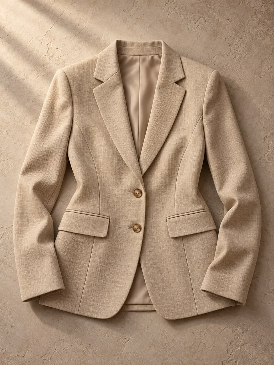 Ladies Blazer — Sand — fabric and stitching detail