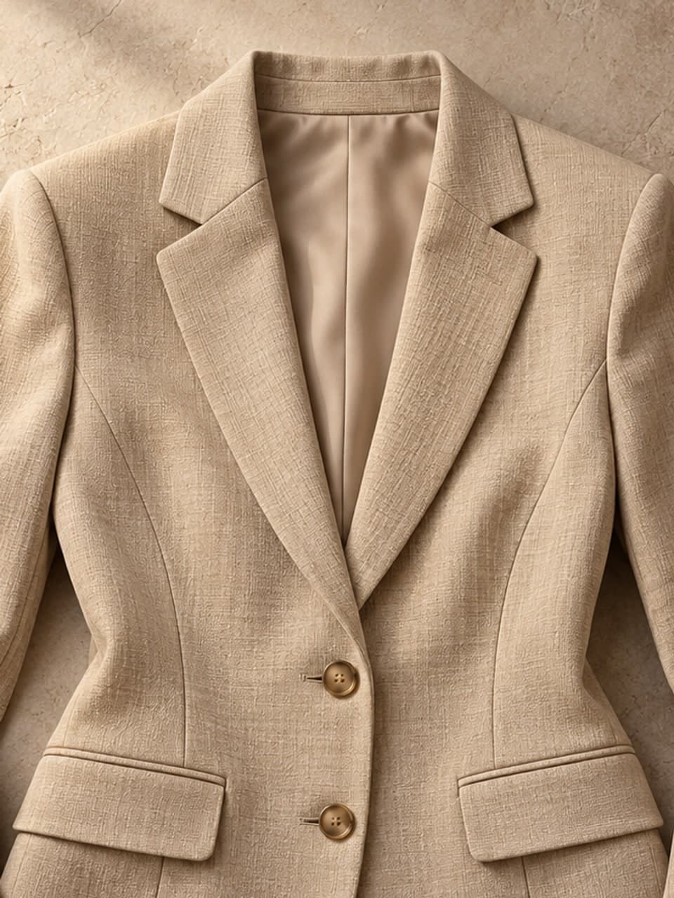 Ladies Blazer — Sand — fabric and stitching detail