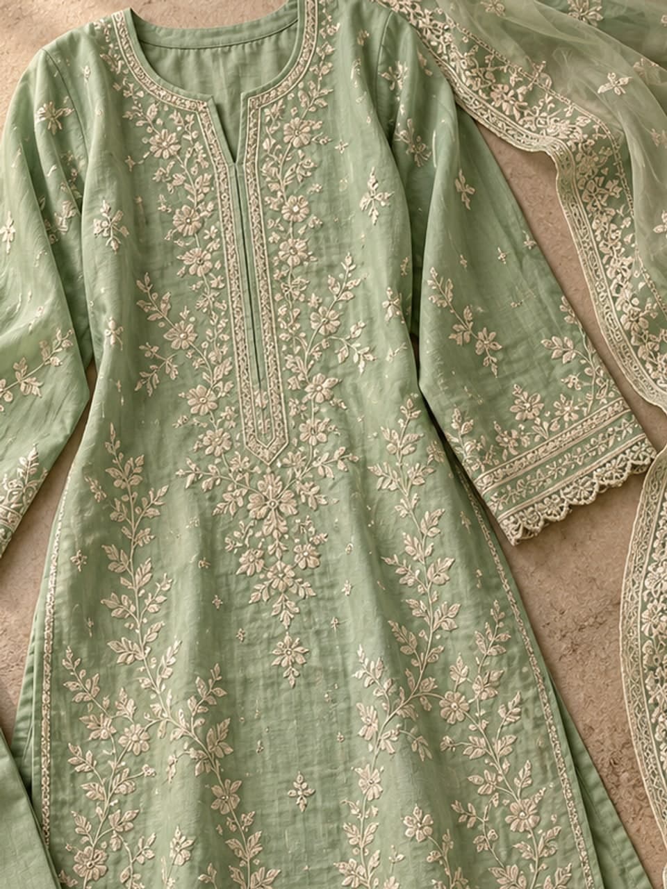 Lawn 3Pcs — Mint — fabric and stitching detail