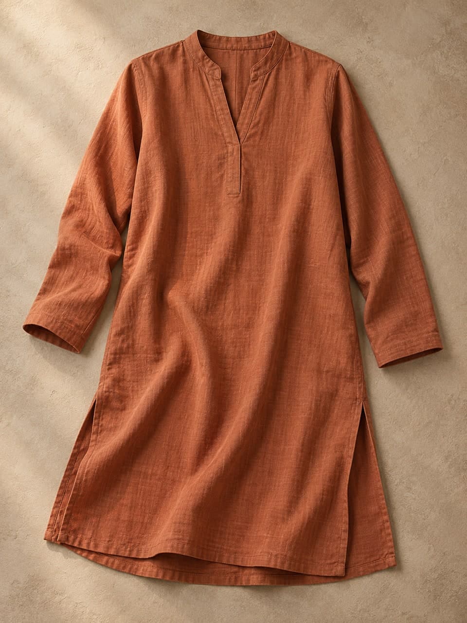Long Tunic — Terracotta — fabric and stitching detail