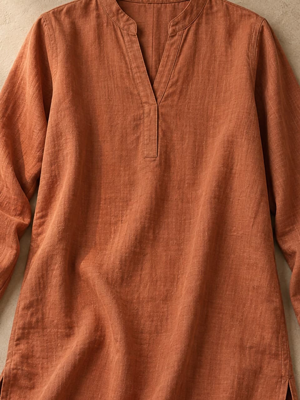 Long Tunic — Terracotta — fabric and stitching detail