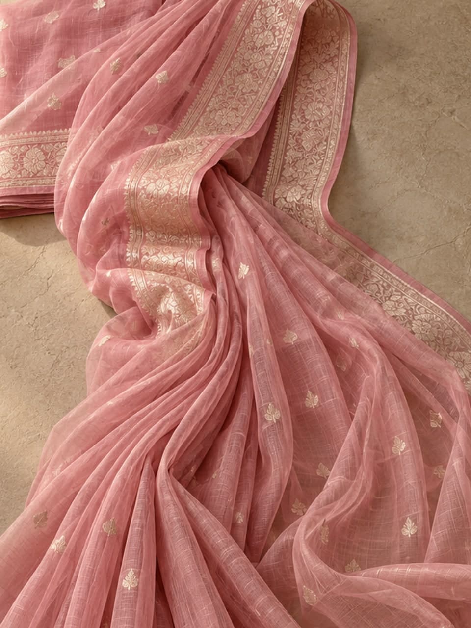 Muslin Sharee — Rose — fabric and stitching detail