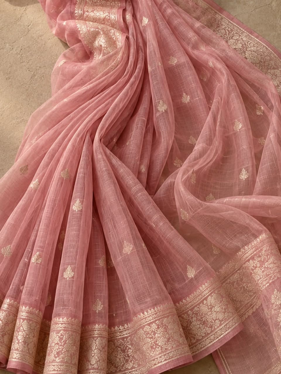 Muslin Sharee — Rose — fabric and stitching detail